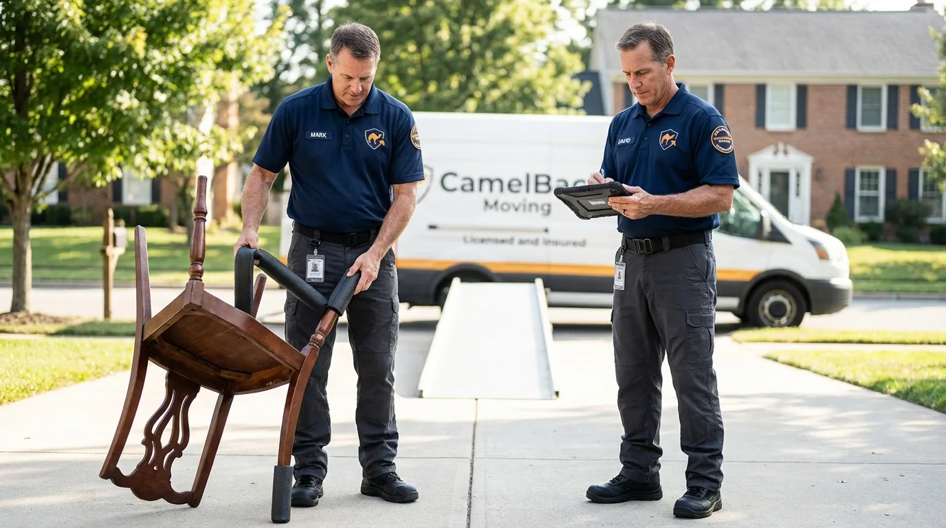 Movers inspecting furniture for damage prevention before loading in Warm Springs, OR