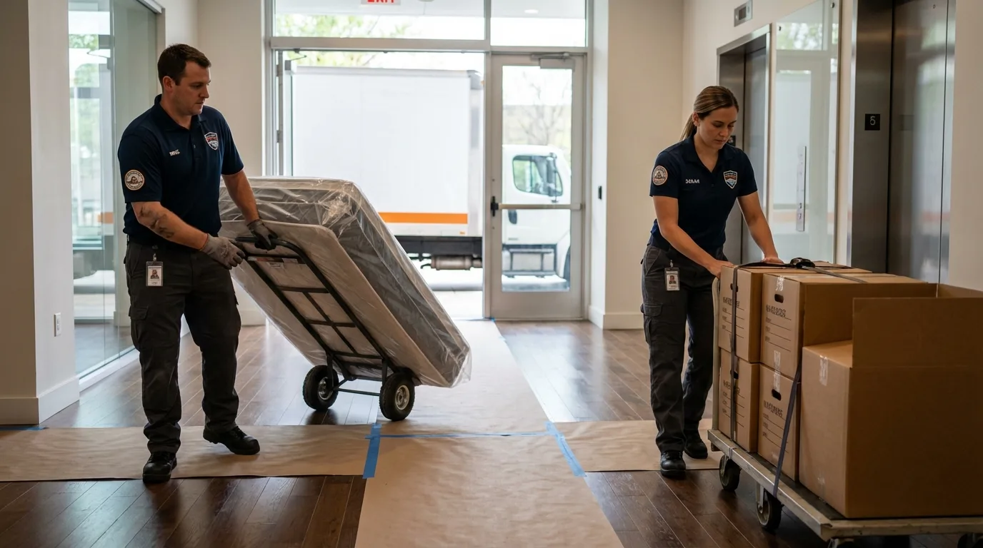 Professional apartment movers loading elevator in Warm Springs, OR